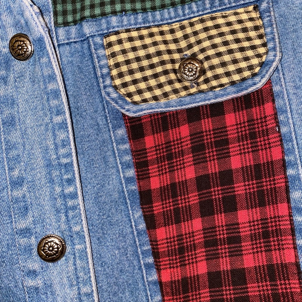 Vintage 80s Denim Patchwork‎ Vest with Plaid Accents - Picture 2 of 5